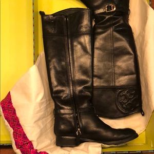 Black Veg Leather Riding Boots: Tory Burch